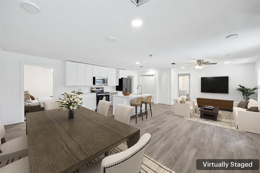 Charming, move-in ready 4-bedroom, 2-bath Fort Worth home that truly shines! You and your guests are warmly welcomed the moment you enter, where a bright, open floorplan creates an inviting atmosphere ideal for everyday living and entertaining. This like-new home has been recently and fully remodeled with a modern open-concept design featuring brand-new cabinetry, a stylish center island, sleek quartz countertops, and a new sink that anchors the kitchen beautifully. Luxury vinyl flooring flows throughout the home, complemented by brand-new doors that add a fresh, cohesive look. Every update has been thoughtfully selected to combine style, comfort, and functionality. Enjoy the charming front porch or unwind on the large deck overlooking a spacious backyard—perfect for gatherings, play, or quiet evenings outdoors. An iron fence surrounds the front yard and includes a large iron pull gate, adding both curb appeal and privacy. With its extensive updates, generous indoor and outdoor spaces, and welcoming feel, this home is truly move-in ready and waiting for you to make it your own. 3D tour available online!