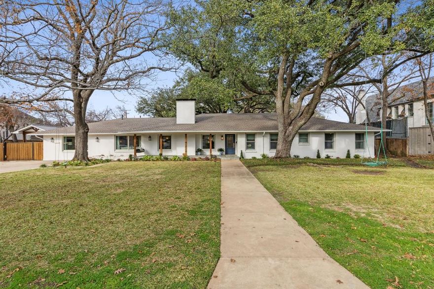 Over half acres w mature Oak trees! Ranch home in Devonshire Estates w extensive updates & expansion.Outdoor living at its finest w outdoor kitchen, lg covered eating & lounge area, sport court w pickle ball & basketball Cours, pool & turfed play area. Inside features distressed wood floors, 2 primary suites, 3 fireplaces. Fabulous flow for entertaining! Lg dining room & multiple living areas; 3rd living could be plyrm or office. Pine built-ins, new kitchen w PA blue slate, bkft banquet & wall of windows overlooking backyard! 2 wet bars, multiple beverage drawers, full sized wine reft. Oversized private primary retreat w French doors to backed, fireplace & vintage William Morris & Schumacher wallpapers. Fabulous bright laundry room w lg workspace, additional rfgt overlooking bckyd. New windows, new HVAC, new roof. Carport plus lg driveway area w multiple parking pads. Wonderful location with quick access to NW Hgwy & Dallas N Toll