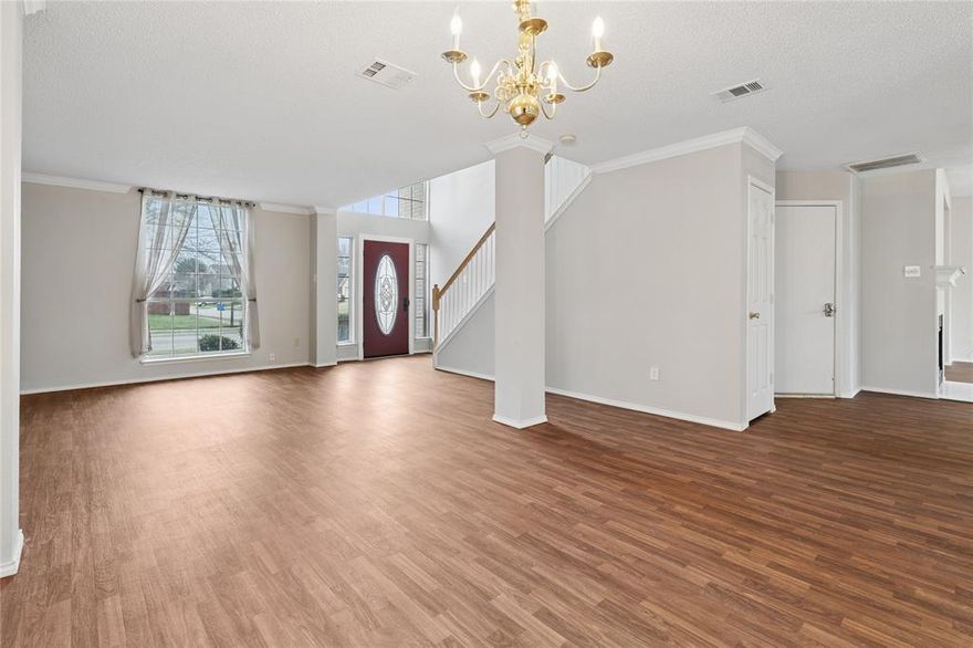 Welcome to this spacious two-story home offering 3 bedrooms, 2.5 bathrooms, and a flexible layout designed for both everyday living and easy entertaining. All bedrooms are upstairs, creating a private retreat away from the main living spaces. The second floor also includes a large loft that’s perfect for a playroom, media room, game room, or home office. The primary suite is a relaxing escape, featuring a cozy sitting area that separates the bedroom and bathroom; the primary bedroom also includes a charming gas fireplace that adds warmth and character. Downstairs you’ll find multiple living and dining areas that provide ample space for friends and family. A welcoming living room for hosting gatherings and parties, a spacious dining room, a comfy family room with a dedicated gas fireplace, and a bright breakfast nook provide plenty of room to gather, entertain, and enjoy everyday living. The kitchen is designed for both function and connection, featuring a gas range, a center island ideal for meal prep, a pantry, and plenty of cabinet space. From the kitchen, you’ll enjoy backyard views, creating an open and inviting atmosphere perfect for daily life and hosting friends and family. Step outside to a generously sized backyard with plenty of open lawn space and a covered wood deck—perfect for outdoor dining, relaxing evenings, or weekend gatherings. With abundant living space inside and out, this home offers comfort, flexibility, and room to grow, all in a desirable Rowlett location less than five minutes from access to Lake Ray Hubbard. Fridge, Washer & Dryer to convey with the property.