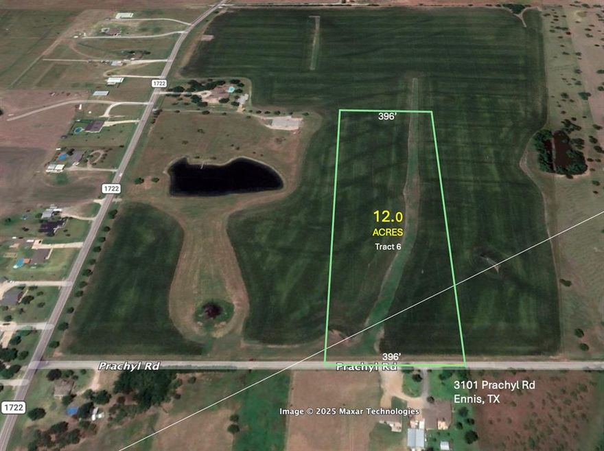 This 12 acre subdivided tract from an established farm, surrounded by grazing pastures and rural homesteads will be an attractive site for your new home.  There is an Ag exemption in place, no floodplain on-site and there is barbed wire fence across the front of the road.  Water and electricity service is available along Prachyl Rd, and a septic system needs to be installed for sewer services. From this property you can reach downtown Ennis in 10 minutes, Waxahachie in 15 minutes and DFW airport in less than an hour.