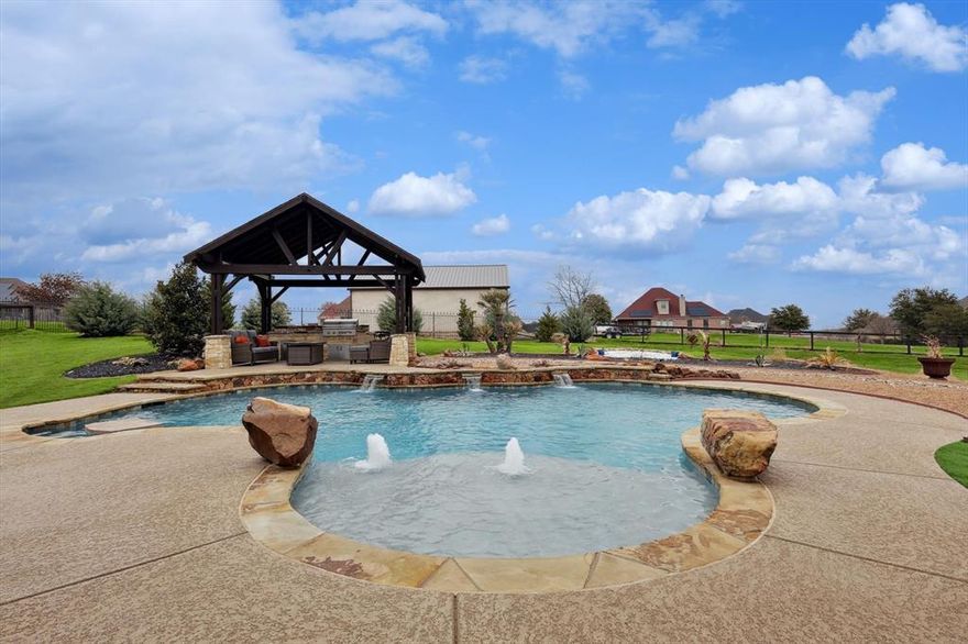 *MULTIPLE OFFERS RECEIVED** TRUE TEXAS CHARMER! Your new home features a true backyard oasis to enjoy peaceful views of the sky and horizon from your pool or cabana grilling area with beautiful sounds of nature as your soundtrack. Don't forget to get cozy by the grand outdoor fireplace on your covered patio. And BONUS, your guest bath has an exit to the pool area! Head inside to your fully equipped kitchen with island featuring upgraded Matte Black appliances. Your favorite will be the GE CAFE Smart double oven with French doors, it will make entertaining a breeze. The kitchen is open to a breakfast room and spacious living room with a wood burning fireplace. There is also a large office and Formal Dining area right off the kitchen. Tucked away to the side is the Owner's retreat with a luxurious guest bath with mega shower, separate vanities and a showstopping soaking tub, and door to the pool area. There is also an upstairs game room with bar area for your enjoyment and so much more.