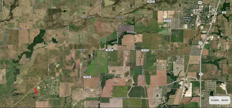 5.02 acres in the Booming Celina, Prosper area with approximately 280 feet of frontage on FM 428. This property is prime for commercial or residential development. It is directly across FM 428 from a large new subdivision currently being built. There is a cute 3 br 2 bath home on the property that could be leased out until Zoning changes. Property is .75 miles South of the Planned Denton County Outer Loop so location couldn't be better for an Investment.