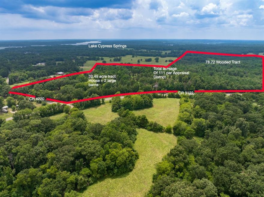 Enchanting, wooded 109 acre “Gentleman’s Farm” that has been in one family for 60 years.  One mile from Lake Cypress Springs, the property has been expertly maintained & improved to create a one-of-a-kind family retreat in the East Texas piney woods.  Stylish 3100 sq ft 3-bedroom home, partially air-conditioned wood barn and a 1200 sq ft metal barn, all in a multi-acre clearing + many more acres of trails in the woods for family adventure and hunting, and camping, the property is the perfect retreat for those who love Mother Nature!  Enter a private world through a gated entrance and into the woods before reaching the landscaped and irrigated clearing with the property’s bespoke ranch house and barns.  The 3 bedroom house (+ 2 large living areas) has had multiple 1st class updates and now encompasses a lodge-like “great room”, an open kitchen featuring Subzero and Thermador appliances, and a resort-like first floor primary suite, complete with an exercise room.  On the second floor are two sleeping areas, one loft-like and one private, with a shared bath.  Those familiar with East Texas say this is one of the prettiest properties in Franklin County with an abundance of mature trees.  The property has an Ag Exemption for cultivating and harvesting trees.  A 2-hour drive from Dallas, this is a wonderful retreat or full-time residence for those who love the outdoors, hunting and boating.  Though not on the lake, the nearby marina, one mile away, makes lake and boat access easy.  The home is beautifully decorated with a South West design motif.  Most of the furniture and art (as well as the tractors, boats and 4-wheel gators) can be bought with the property making it a “turn-key” purchase.  This property has been loved by 3 generations of the same family.  Here is a unique opportunity to create a lifetime of your own memories!