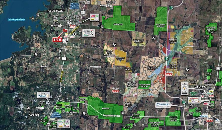 26.07 acres located within the city limits of Pilot Point, with access to city utilities, positioned directly in the path of North Texas’ continued northward expansion.  Pilot Point is experiencing rapid population growth, with strong projections over the next decade, positioning the city as one of the next North Texas markets poised to take off as development continues pushing north.  At 26 acres, this is a highly desirable mid-size tract—large enough to support a thoughtfully planned single-family development, yet manageable for a mid-size builder or investor seeking a strategic buy-and-hold in the path of growth. The area is being actively shaped by major institutional players, including Hillwood Communities , Green Brick Partners, Centurion American, and D.R. Horton, all contributing to nearby master-planned communities delivering thousands of future residential lots.  Strategically located near Highway 377 and FM 455, the property offers excellent regional connectivity while benefiting from the continued northward extension of the Dallas North Tollway, driving residential demand beyond Frisco, Prosper, and Celina into Pilot Point.Just minutes from Lake Ray Roberts, the property benefits from one of North Texas’ premier recreational amenities—enhancing long-term residential appeal with access to boating, fishing, and outdoor recreation. The property benefits from a current ag exemption.  Multiple water and sewer taps are already present on the property.