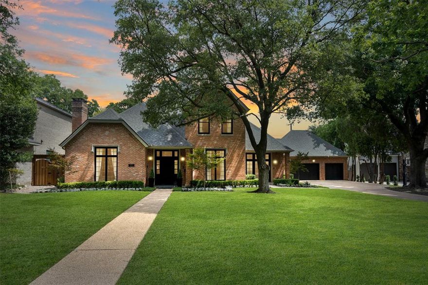 Striking Preston Hollow home nestled on beautifully manicured grounds with lush landscaping and mature trees. Inside, this flowing floor plan draws you in with spacious formals that flank the entryway and are accompanied by an executive, private study. Stunning craftsmanship throughout with custom built-ins and woodwork. The great room features a warm fireplace, a wet bar, and a wall of windows overlooking the backyard. The gourmet kitchen boasts a vast island with seating for three, a gas stove, dual ovens, a butler's pantry, and a breakfast room. The peaceful primary suite with room for a sitting area and a spa-like bath with double vanities, an oversized tub, and a large walk-in shower. Upstairs, a sprawling game room, three nicely-appointed bedrooms, and two bathrooms. Escape to the private backyard retreat, unwind under the expansive covered patio or swim in the sparkling pool and spa in this extraordinary park-like setting.