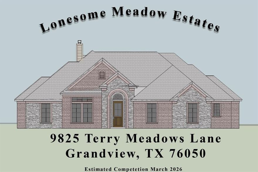 Beautiful new custom built home located outside the city limits on 1 acre in Grandview ISD. The floor plan boasts soaring cathedral ceilings in the living room, and a very popular plan with a lot of considerations given to function, design and aesthetics will make this house a wonderful home for your family.  

Bring your most scrutinizing clients as no detail has been overlooked. Elegant, functional, a must see...

This one won't last long and should be move in ready March 2026!!!