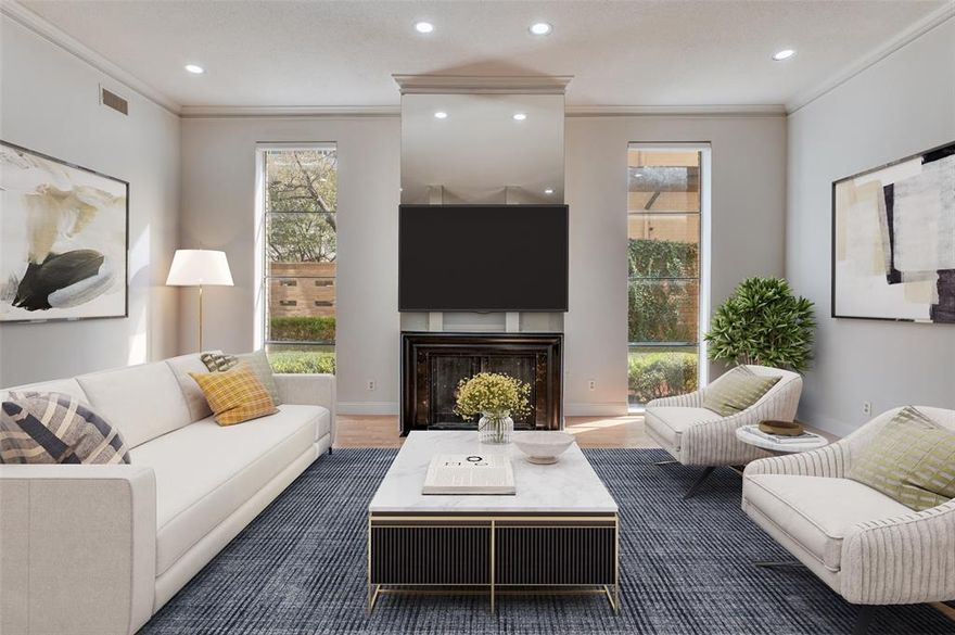 Set in a boutique building in one of Dallas’ most coveted neighborhoods, this front-corner, two-story residence blends timeless mid-century style with modern comfort and scale, all in a prime Turtle Creek location just minutes from the city’s best parks, trails, dining, and shopping. Soaring 11-foot ceilings, tall architectural windows, and a gas fireplace define the dramatic living room, creating a space that feels both elevated and inviting. Designed for entertaining and everyday living, the main level also boasts a second seating area, expansive dining room, wet bar, powder bath, and exceptional storage throughout. The kitchen offers generous cabinet and countertop space, stainless steel appliances, and in-unit washer and dryer, all thoughtfully positioned for efficiency and flow. Remote-controlled blinds, built-in shelving, and clean architectural lines reinforce the home’s refined, modern character. Upstairs, two true primary suites provide privacy and flexibility. Both feature walk-in closets and ensuite baths. One suite includes a private seating area with oversized windows, while the second opens to a balcony and showcases an updated bath.  Upgrades including HVAC, roof, wood flooring, and skylights were completed just a few years ago, offering peace of mind and long-term value. Outside your door, enjoy walkable access to Turtle Creek, the Katy Trail, and the vibrant dining and nightlife of Oak Lawn and Uptown, with Knox Street, Highland Park, and Downtown just minutes away. This is a rare opportunity to own a distinctive, design-forward home in the heart of Turtle Creek, where architecture, light, and an unbeatable central location come together beautifully.