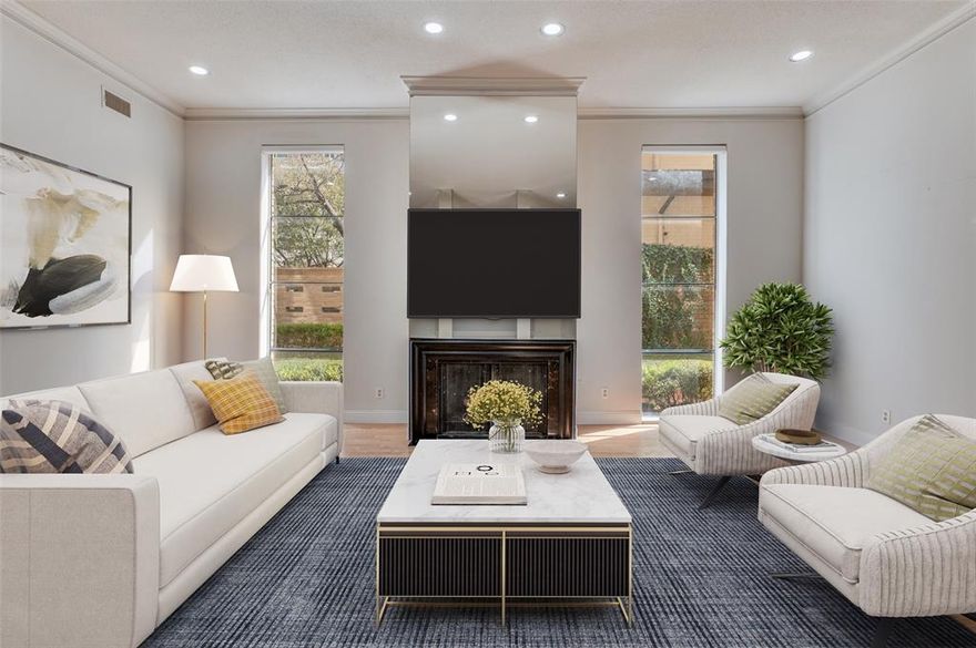 Set in a boutique building in one of Dallas’ most coveted neighborhoods, this front-corner, two-story residence blends timeless mid-century style with modern comfort and scale, all in a prime Turtle Creek location just minutes from the city’s best parks, trails, dining, and shopping. Soaring 11-foot ceilings, tall architectural windows, and a gas fireplace define the dramatic living room, creating a space that feels both elevated and inviting. Designed for entertaining and everyday living, the main level also boasts a second seating area, expansive dining room, wet bar, powder bath, and exceptional storage throughout. The kitchen offers generous cabinet and countertop space, stainless steel appliances, and in-unit washer and dryer, all thoughtfully positioned for efficiency and flow. Remote-controlled blinds, built-in shelving, and clean architectural lines reinforce the home’s refined, modern character. Upstairs, two true primary suites provide privacy and flexibility. Both feature walk-in closets and ensuite baths. One suite includes a private seating area with oversized windows, while the second opens to a balcony and showcases an updated bath.  Upgrades including HVAC, roof, wood flooring, and skylights were completed just a few years ago, offering peace of mind and long-term value. Outside your door, enjoy walkable access to Turtle Creek, the Katy Trail, and the vibrant dining and nightlife of Oak Lawn and Uptown, with Knox Street, Highland Park, and Downtown just minutes away. This is a rare opportunity to own a distinctive, design-forward home in the heart of Turtle Creek, where architecture, light, and an unbeatable central location come together beautifully.