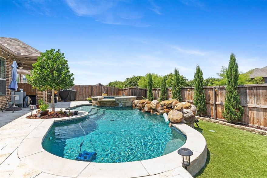 Welcome to this stunning custom-built Highland Home! With 4 bedrooms, 3 baths, study, covered patio, heated pool, spa and turf which is specially designed and rated high for drainage-2017, fully landscaped yard with sprinklers, Cypress, Texas Palm and Holly Tree-2020,  hardwood floors, and plantation shutters thru out, this home offers comfort, style, and functionality. The open floor plan connects the living area, dining space, and gourmet kitchen, ideal for relaxing and entertaining. The kitchen features top-of-the-line appliances, a center island, and ample cabinetry. The master suite has a spa-like bath, and there are three additional bedrooms and bathrooms. The study provides a dedicated workspace. Outside, enjoy the covered patio and sparkling swimming pool. Conveniently located, this home is a must-see!