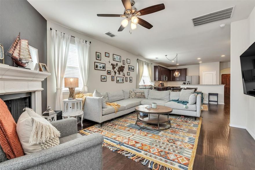 Welcome Home! Don't miss this inviting 1.5 story home with a fantastic floor plan and HUGE bonus room upstairs. You are greeted at the front door with incredible entry built-in's and bench for storage galore as beautiful engineered hardwoods flow thru the home. The living room features a corner wood burning fireplace, lots of windows for amazing natural light and is open to the kitchen & dining areas. The kitchen boasts granite countertops, subway tile backsplash, stainless steel appliances & breakfast bar. A nice size flex room at the front of the house, now being used as an office has endless possibilities. Great size bedrooms all have ceiling fans. Home has multiple entertaining spaces with the upstairs game room and covered patio outside next to an extended open patio including a stone fire pit. Home is centrally located with easy access to restaurants, shopping & entertainment. Close to US Hwy 380, Preston Rd, DNT, 423 and walking distance to the High School and community pool.