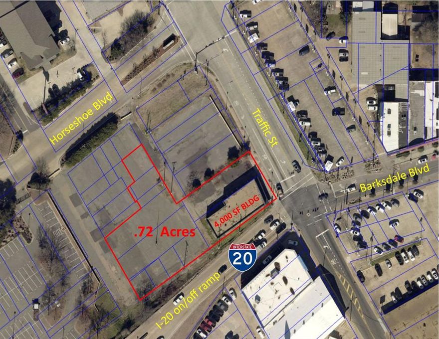 4,000 SF building on .72 acre lot at the corner of Traffic Street and I-20 on-off  ramp which feeds to-from Barksdale Blvd.  Positioned directly in front of Horseshoe Casino and Hotel, and across from Bossier's East Bank District and its numerous entertainment attractions.  The 4,000 SF building can be renovated, or the .72 acres can be redeveloped.  Ideal for a variety of entertainment uses such as: restaurant, bar, entertainment concept, event venue, ETC.  

Zoned RFD (Riverfront Development).
