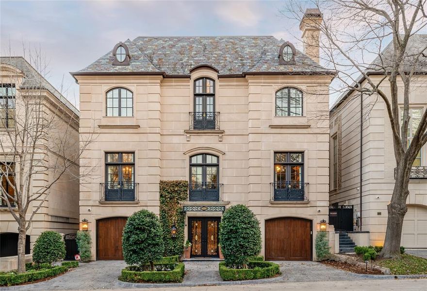 Located in the prestigious gated and guarded Place Des Vosges community on Turtle Creek Boulevard is this stunning residence representing a rich blend of classical elements that create authentic and timeless interiors. From the cast-stone exterior to the custom finishes throughout, careful thought was given to all the bespoke features of this 6,712sf home including premium grade marbles, stone and granite finishes. An antique Italian door frame serves as an impressive fireplace surround in the living room alongside French doors overlooking the private courtyard. Dramatic high ceilings, gleaming hardwoods and spaciously proportioned entertainment areas feature hand-finished walls, beautiful wall coverings, deep molding and decorative lighting throughout. Reminiscent of a European villa, the classic design includes a stunning entrance hall with marble stairwell, hand-forged iron rails, crystal chandeliers and sconces. The home has a perfect entertainment flow leading to a private outdoor pool with alfresco kitchen. Enjoy the peace of mind of living in this one-of-a-kind, luxury residence minutes from Dallas' Arts District, The Katy Trail, fine restaurants and shopping.