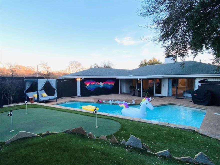 Stunning Mid-Century Modern home with iconic architectural lines and incredible natural light throughout. The bright living room features beautiful skylights that highlight the home’s unique design, while the updated kitchen blends modern convenience with timeless style.

The backyard is an entertainer’s dream—complete with a sparkling pool, pool heater, and a private putting green, just in time to enjoy all summer long. Inside, you’ll also find bonus a sunroom, wetbar in the living room, four spacious bedrooms, three full baths and a 2 cars garage with epoxy flooring that can easily function as a game room or additional entertainment space.

Major updates include recessed lighting and a brand-new roof installed in 2025.

Currently operating as a successful short-term rental, this home offers an outstanding opportunity for both investors and homeowners. All furnishings are negotiable, making it possible to continue the rental operation as a turnkey property or move in and enjoy the space immediately.

Homes with this character, flexibility, and entertainment potential don’t come available often—schedule your showing today before it’s gone.