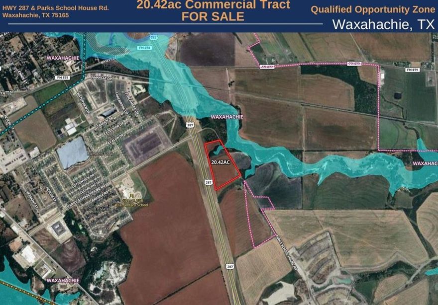 Prime Commercial Opportunity: 20.42 Acres in Waxahachie, TX

This 20.42± acre tract at HWY 287 and Parks School House Rd. is a premier commercial property located in one of the fastest-growing and most affordable suburbs in the U.S. Situated in an Opportunity Zone, it offers significant tax advantages, including potential deferral or reduction of capital gains taxes.

Size & Zoning: 20.42 acres, Property ID: 209772, zoned for commercial use, currently AG exempt with an active farm lease.
Utilities: All utilities are available to be verified by Buyer through the city of Waxahachie.
Accessibility: Convenient ingress & egress to HWY 287 with prime frontage:
1,435’ ft frontage on HWY 287.
1,245’ ft frontage on Parks School House Rd.

Located along an active HWY 287 corridor surrounded by multiple residential subdivision developments.
Waxahachie’s population has grown 51% from 2010 to 2023, cementing its status as a top choice for affordable suburban living near DFW.

Whether you're planning a HWY commercial development, retail center, mixed-use project, or other commercial development, this property offers unmatched potential in a thriving market.