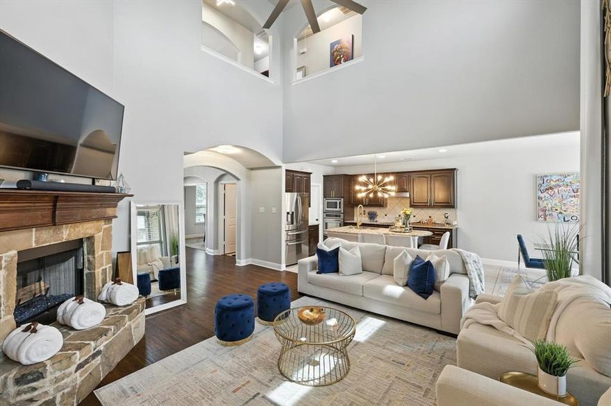 From the moment you step through the front door of this Home, you’re greeted with a grand sense of space and elegance. The soaring foyer showcases a stunning spindle iron staircase and catwalk that instantly draws the eye, while a set of French doors opens to a private office, perfect for working from home or a quiet retreat. Just beyond, the living room welcomes you with its vaulted ceilings, rich wood floors, and a stone fireplace that creates a sense of both comfort and style, an ideal space for gathering with family or hosting friends. The open-concept kitchen is designed for connection, featuring custom cabinets, granite countertops, a spacious island, and a walk-in pantry. Whether you’re sharing casual meals at the breakfast nook or cooking for a crowd, this space is designed to connect conversations and memories. The downstairs primary suite offers a restful escape with an ensuite bathroom that features dual sinks, walk-in closet, and a spa-inspired bath. Upstairs, you’ll find a versatile game room, a Jack & Jill bedroom set-up, and an additional bedroom, that provides flexibility for guests, hobbies, or growing needs. Outside, evenings can be spent on the covered patio overlooking the backyard, perfectly sized for play, gardening, or simply enjoying a Texas sunset. This home balances beauty, function, and comfort in every detail. Come see for yourself why this is more than just a house, it’s the place you’ll want to call home. All that’s left is for you to step inside and experience it for yourself.