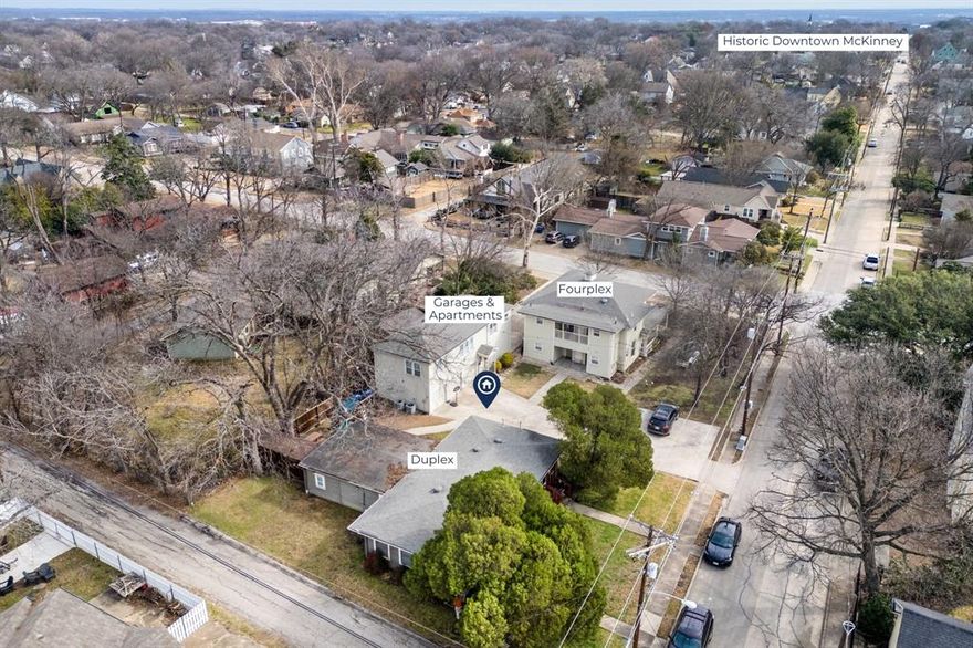 One lot. Three buildings. Eight individual apartments. A rare opportunity to acquire an income-producing multi-family property just steps from Historic Downtown McKinney Square - one of North Texas’ most vibrant and walkable destinations.

Located in rapidly growing Collin County, this unique offering places you in the heart of downtown McKinney, where festivals, fine dining, boutique shopping, and year-round events continue to draw visitors from across the region. Despite this demand, walkable boutique-style accommodations remain limited, creating a clear opportunity for thoughtful repositioning.

This property is well-suited for a variety of uses, including a luxury bed and breakfast, boutique hotel, short-term rental compound, or a curated multi-family concept designed to serve the area’s expanding visitor base. It also offers strong long-term rental potential and has a proven track record supporting a nonprofit housing initiative, demonstrating both income stability and flexibility for mission-driven use.

The site features a historic two-story home converted into a fourplex, a five-car garage with two apartments above, and a duplex complete with on-site laundry facilities and a spacious office, ideal for management or operations. A standout feature is the abundance of on-site parking, a rare and valuable asset in downtown McKinney that enhances both functionality and guest experience.

With three distinct structures and eight fully self-sufficient units on a single lot, the property offers multiple paths for income generation, repositioning, or future redevelopment.

An exceptional opportunity to own a versatile asset in the heart of Historic Downtown McKinney.