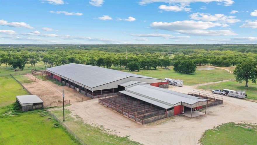 RSVP for the Open Ranch event Thursday, May 2nd, 12:00-5:00 PM. The Wallace's Leon River Ranch is an exceptionally clean, turnkey working ranch with professional grade horse facilities, located just 22 miles from Stephenville. From the gate to the furthest corner of the river bottom, this ranch is immaculate, functional and productive. The owners searched for abundant groundwater and productive soils, and they found them here. Now they are ready to pass the reins to the next owner who will benefit from the facilities. The ranch is well known for the large 250'x125' covered arena, which doubles as a roping and cutting pen. Other highlights include a 10 stall barn, 6 water wells, four irrigation wells, ability to irrigate 20 acres of paddocks, working pens, and good cross fences. In 2021 they cut 750 bales of hay were cut, and cut 370 in the drought of 2022. The main house was tastefully remodeled and updated with granite, luxury fixtures, commercial appliances, and swimming pool.