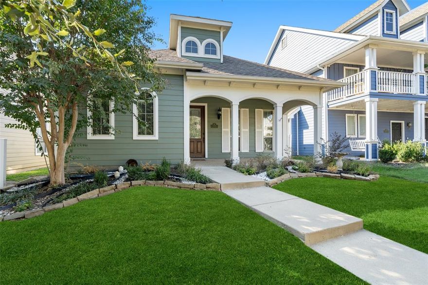 Located within the breathtaking, master-planned community of Savannah, this single-story charmer offers a stylish retreat with the feel of a permanent vacation. Imagine weekends spent enjoying the sparkling pools, social clubhouse and fitness center, sports courts and catch and release fishing just steps from your front door. Charming arches define this property, from the inviting front porch to the thoughtfully designed interior. The aesthetic is carried inside through tall, airy ceilings with graceful archways, custom art niches, and a striking arched fireplace surround. This home offers a seamless blend of classic architectural character and sophisticated, light-filled living spaces. Entertain with ease in this inviting home. The seamless flow from the living area to the kitchen makes it ideal for gatherings, everyday casual or hosting all your favorite people. The living area is central to the home, with a stunning fireplace and flex extension that might be considered as home office or playroom. The kitchen features dark rich cabinetry, granite counters, a big island and generous eat-in dining space. The primary bedroom is a luxurious retreat, offering ample space and a walk-out to the patio. The ensuite bathroom boasts dual vanities, a walk-in shower, and a relaxing soaking tub, perfect for unwinding after a long day. Imagine stepping onto the covered patio to watch the game or a movie outside. This bedroom is a true oasis within the home. Two additional bedrooms and full bath add to the flexibility of how this home may suit your needs. Vinyl fenced yard, a second patio for sun or stargazing and a two car rear entry garage! This home has been well maintained, with a long list of updates this year. Within Denton ISD, the community includes an elementary school. Enjoy nearby restaurants, shopping and entertainment along the Hwy. 380 corridor. This home offers easy maintenance, convenience and ALL the exclusive amenities Savannah is known for, it is a must see!