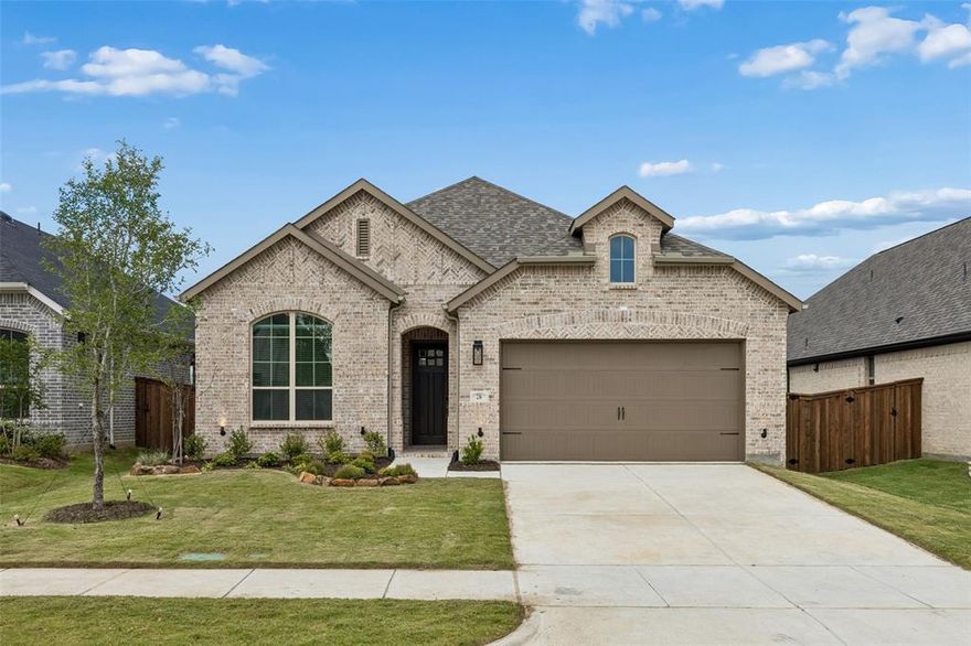 Completed in 2025 and better than new, this stunning Highland Homes 1-story Kingston plan showcases over $30,000 in thoughtfully selected upgrades. Every detail has been carefully curated, from the engineered hardwood floors throughout the main living areas, kitchen, dining, study, and primary suite to the elegant glass-front kitchen cabinets. Additional enhancements include a climate-controlled garage with AC and heat, UV window film throughout, and 2-inch cordless blinds for both style and efficiency. Be sure to review the extensive upgrade list included with the home. Priced significantly below the seller’s original purchase price, this move-in-ready home offers an incredible opportunity to enjoy all the resort-style amenities Trinity Falls has to offer this summer—without the wait of new construction.
