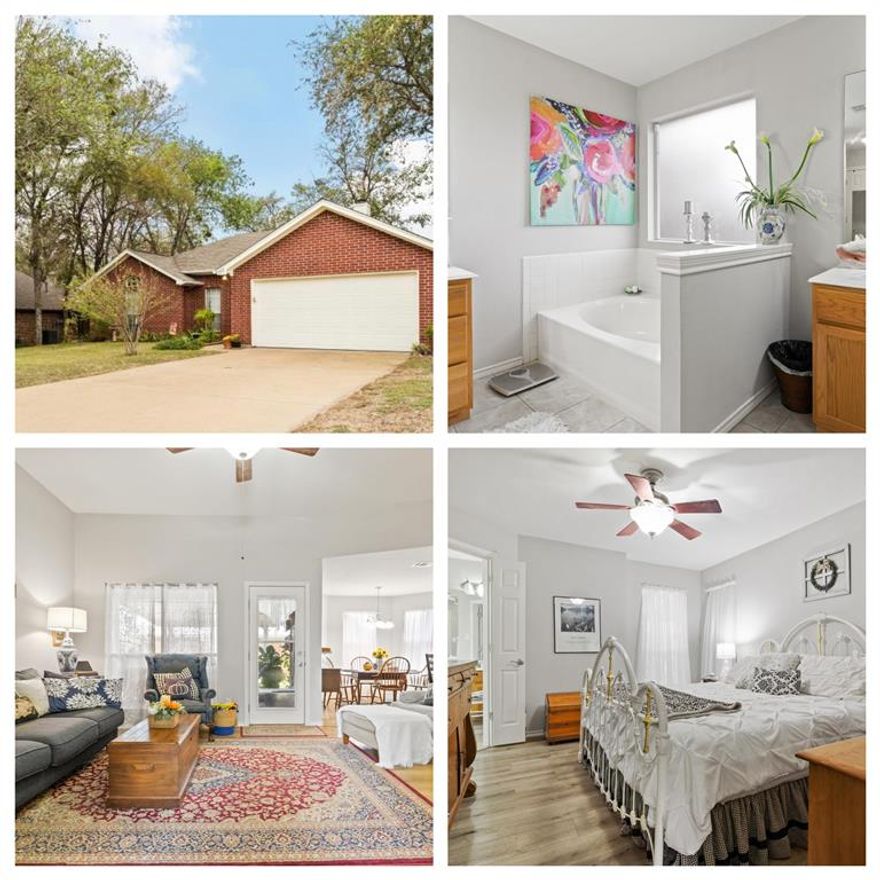 Welcome home to this completely updated home nestled on a quiet cul-de-sac in established desirable neighborhood. Welcoming entry opens to a large living area with gas fireplace flanked by beautiful built in custom shelving on each side. Dining room has wall of windows where you can enjoy the view of this well manicured back yard or take your coffee outside and relax beneath the inviting covered patio. Well appointed kitchen with lots of counterspace and cabinets plus sink has amazing view through cornered double windows. Large primary bedroom with oversized ensuite bath features garden tub, separate walk in shower, double vanities and double closets. 2 nice sized bedrooms with lots of natural light. Second bathroom is full size. Separate utility room for full size washer and dryer with built in cabinets  You will love all the natural light this home offers. New flooring, paint and ceiling fans throughout. HVAC under warranty. Large storage building. All trees recently trimmed.