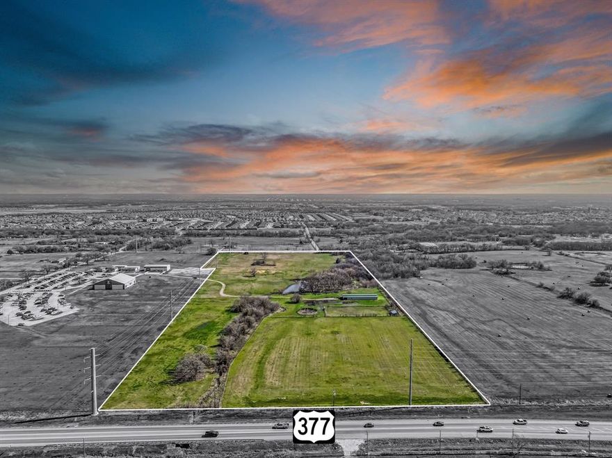 Over 30 acres directly on Highway 377 with thru access and frontage on Liberty Road. This property is just north of the intersection of Highway 377 and FM 424 and is less than two miles from Highway 380. This is a unique chance to build a business in a rapidly growing area, boasting tremendous visibility and accessibility. Located in one of the Top 10 fastest-growing counties, this property is ideal for businesses looking to capitalize on the regional growth. Major nearby retailers include Wal-Mart, Atwoods, Tractor Supply, Chik-Fil-A, McDonalds and Starbucks. This community is experiencing expansive new residential developments, with many new projects recently built and currently underway. Residents are drawn to the charming country feel while enjoying quick access to shopping amenities and services. With DFW International Airport just 33 miles away, this location offers excellent connectivity for both residents and businesses, making it an attractive option for those looking to establish a presence in the area. Don’t miss out on this exceptional opportunity to invest in a prime piece of real estate. With its strategic location, growing community, and surrounding amenities, this property is a rare opportunity.