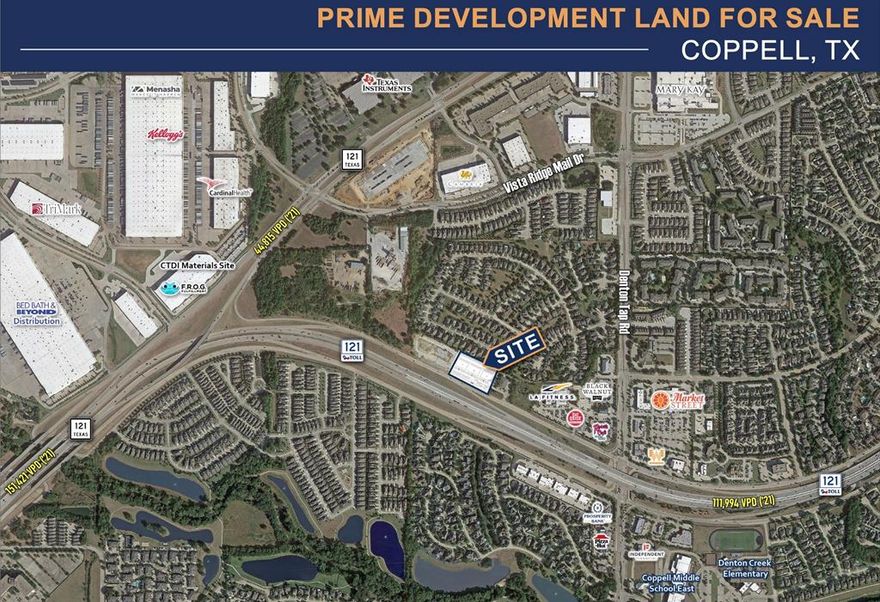 2.6ac NWQ Denton Tap Rd.&121 Coppell, TX: 

-Size: 2.629 acres (Partially within Denton County)

-Zoning: Highway Commercial

-Utilities: All Available

-24’ common access & fire lane easement surrounding the site

-The property is surrounded by thriving businesses, including retail centers, restaurants, and hotels, (see flyer for details) making it the perfect location to develop or invest in your own commercial enterprise. 

Please reach out for additional information & marketing materials
