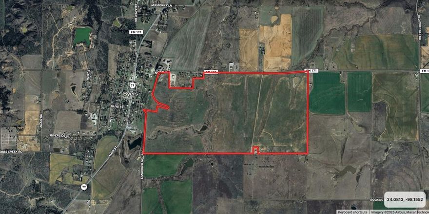 Productive farm with great location and paved road access. Two ponds and a dry creek bed that crosses the western side. Approximately 4,700 feet of frontage on FM 171 along the northern property boundary and approximately 1,800 feet of frontage on Sandrock Hill Rd-Olive St along some of the western boundary. No flood plain. Soils are mostly loam, with Stoneburg-Bluegrove and Renfrow-Kirkland-Anocon compositions. Mobile home believed to have been utilized as an office in the past and a barn accessible from FM 171. Benvanue Water Co. is the water provider. There is 1 water meter on the property that will transfer with the sale. There is one neighboring home on the south side that has access through this ranch.