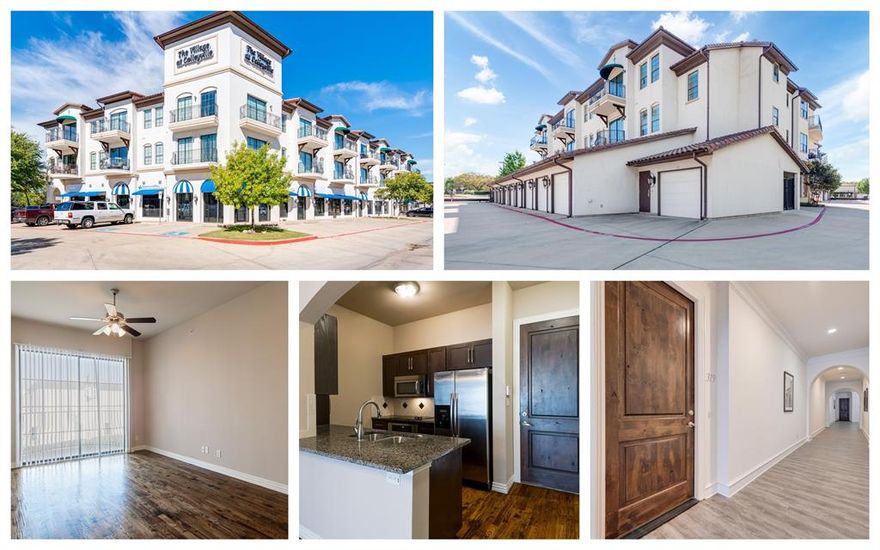 This two bedroom loft features a breakfast bar in the kitchen, split bedrooms, two bathrooms, a balcony, a one car private garage, and one parking space. Very bright Luxury residence located at the entrance of the Village at Colleyville. Elevator, High ceilings, granite countertops, stainless steel appliances, hand-scraped hardwood floors, refrigerator with built-in freezer, washer and dryer. Enjoy the maintenance free lifestyle within a great community. Walking distance to shops, restaurants, public library, and City Hall. Pet Deposit $200 and Pet Fee $300 per pet. No Pets over 75 lbs, no aggressive breeds. 2 pet Maximum. $15 pet rent per month, per pet.