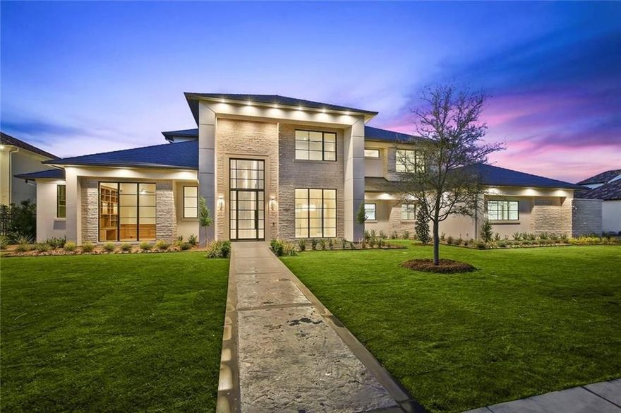 Modern Contemporary Estate with Timeless Design and Panoramic Golf Course Views. Situated on a pristine 0.75-acre lot overlooking the award-winning Arnold Palmer Signature Golf Course at Twin Creeks, this five-bedroom custom estate is the epitome of luxury living. Designed with a modern-contemporary aesthetic, the home seamlessly blends timeless elegance with striking architectural detail. From the moment you enter, you’re greeted by a dramatic mosaic stone feature wall and a floating glass staircase that sets the tone for the exceptional quality throughout. A robust study with built-ins, and French doors. The residence showcases hand-selected designer light fixtures, natural stone and wood flooring. The expansive gourmet kitchen anchored by an expansive quartz island features top-of-the-line stainless steel appliances, superior custom cabinetry, and gas cooktop provides a chef-grade experience. Entertain with ease thanks to a first-level media room, separate wet bar, and open-concept living spaces designed for flow and function. The main floor also includes a luxurious primary suite with views to the oasis style -pool and golf course that carves a tree-lined view and privacy. You will also find a guest bedroom suite on the first level, ideal for guests or in-laws. The second level provides a game room for family entertaining and additional spacious bedrooms. The Bonus Room on 2nd level as optional 6th bedroom, bathroom or home gym. Step outside to your private oasis featuring a custom-designed pool and spa, eye-catching fire pit and a fully equipped outdoor kitchen with grill and fireplace—perfect for year-round entertaining. Located in a private gated enclave within Twin Creeks, this estate offers unparalleled privacy and direct access to one of Texas’s premier golf destinations. Enjoy easy access to top-tier amenities including Legacy West, Stonebriar Country Club, and The Star in Frisco. Freeways; Dallas North Tollway, Highway 121, and George Bush Freeway.