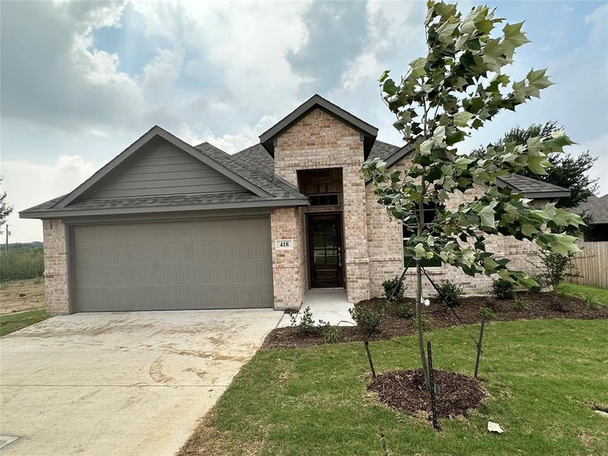 **No application fee** Just 10 minutes to I35 and Denton, in growing Krum ISD, an open concept with 3 bedrooms, two baths, and a 2 car garage awaits. Kitchen offers stained cabinets, SS appliances and natural stone countertops. Open concept with lots of natural light is perfect for gatherings. Private primary bedroom has dual sinks and walk in closet. Vinyl and tile, ceiling fans, smart thermostat, sprinklers, and privacy fence included. Easy and quick access to 380 and I35. Please note that photos are two years old from when the home was built.