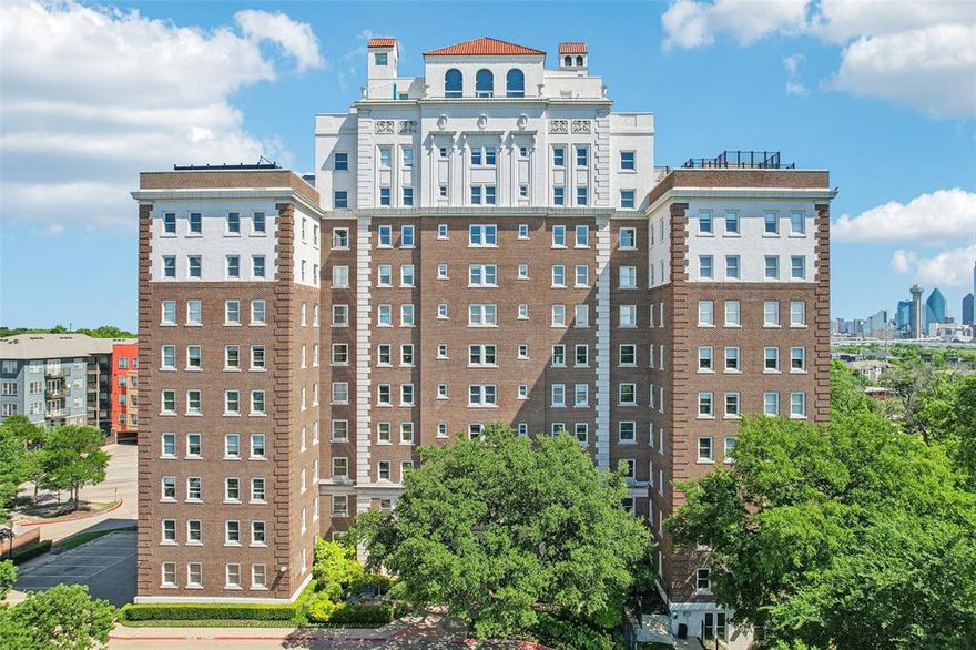 Unit 605 in Lake Cliff Tower marries the timeless charm of the historic 1929 tower with modern updates and amenities you want in a one-bed, one-bath, end unit condo. Perched on the 6th floor as you walk in the door you are welcomed by panoramic views of the downtown Dallas skyline along with the Calatrava arches on the Margaret McDermott and Margaret Hunt Hill bridges along the Trinity River corridor. As an end unit located at the end of the hallway, whether it’s sunrise or sunset, this condo offers a daily front-row seat to the city’s most iconic scenery and Mother Nature’s show.

The open living area floor plan with updated laminated flooring softens the loft style of the condo. 2025 updates include: new light fixture in bathroom and closet, new under counter LED lighting in kitchen and all new light bulbs in track lighting and in the fan-light area over the cooktop. 2022 updates include: new water heater, new washer-dryer to convey, new elfa by Container Store closet system, new laminate flooring and kitchen-bath tile over the original concrete floor and renovated built-in bathroom nook.

Community amenities include: daily concierge, wine cellar with lockers, workout gym, game room, media room, bike storage and outdoor living area with pool, fire pit, social space and grills. One assigned parking spot. On site storage available for rent. One assigned parking spot.

Outside your door, you're a stone’s throw from the lush Lake Cliff Park, the vibrant Bishop Arts District, and a short hop across the river to downtown Dallas, the Cedars, and beyond.

Once a lavish hotel graced by society’s elite, Lake Cliff Tower now offers you a rare opportunity to own a piece of Dallas history while watching the skyline grow — with all the conveniences of modern urban living.