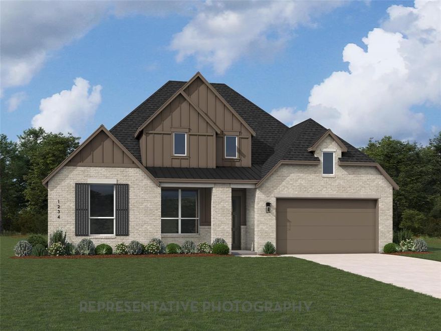 Nestled within the boutique community of Ridge Crossing, this exceptional single-story home spans over 2,880 sq. ft. on a .24-acre homesite, blending timeless elegance with modern sophistication. The modern farmhouse exterior captivates with its board-and-batten detailing, Onyx black roof, cedar garage door, and an inviting covered front porch...hinting at the beautiful design and craftsmanship found inside. Step through the entryway into a home filled with natural light, soaring ceilings, and beautiful light wood flooring. A private study sits at the front of the home, while a tucked-away pocket office in the rear provides a quiet space to focus. At the heart of the home, the gourmet kitchen impresses with a large island, apron-front sink, double ovens, stacked glass-accent cabinets, a built-in hutch, and an oversized walk-in pantry. The kitchen flows effortlessly into the dining area and family room, highlighted by 16-foot vaulted ceilings, a floor-to-ceiling gas fireplace, and sliding glass doors leading to the covered patio. A dedicated game room extends the living space, perfect for entertaining or unwinding. The thoughtful layout includes a secondary suite with a private bath, two additional bedrooms connected by a Jack & Jill bath, and a powder room for guests. The extended primary suite is a serene retreat, featuring dual sinks, freestanding tub, spacious walk-in shower with tile pan, and a generous walk-in closet. Step outside to the extended covered patio, pre-plumbed for gas grilling, offering the ideal backdrop for gatherings or quiet evenings outdoors. A three-car tandem garage provides ample space for vehicles and storage. Enjoy the ease of a community that offers a playground, pickleball court, and walking trails, all adding to the home’s perfect mix of luxury and comfort.