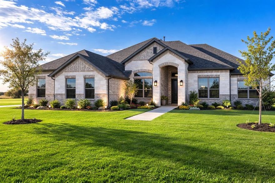 Beautiful new construction by Altura Homes located in the desirable Levante community near Lake Waxahachie. Situated on a spacious 1-acre homesite, this thoughtfully designed single-story Dartmouth VI floorplan offers 2,355 square feet with 4 bedrooms, 2 bathrooms, a study, and a 3-car garage.
The open-concept layout features soaring vaulted ceilings, abundant natural light, and wood flooring throughout the main living areas. The spacious living room centers around a cozy gas log fireplace and flows seamlessly into the chef’s kitchen, complete with granite countertops, a large island with seating, gas cooktop, stainless appliances, and a walk-in pantry—perfect for entertaining or everyday living.
The private owner’s suite offers a peaceful retreat with vaulted ceilings, dual vanities, a garden tub, separate glass shower, and a large walk-in closet. Three additional bedrooms and a full bath provide flexible space for family or guests, while the dedicated study is ideal for a home office.
Additional highlights include a mudroom with built-ins, oversized utility room with cabinetry and space for an additional freezer, decorative lighting, and smart layout for everyday convenience.
Enjoy outdoor living on the covered patio overlooking the expansive backyard, offering plenty of room for a pool, shop, or outdoor entertaining.
Located just minutes from Lake Waxahachie, boat ramp access, and convenient routes to I-35E, this home combines peaceful country living with easy access to shopping, dining, and Waxahachie ISD schools.