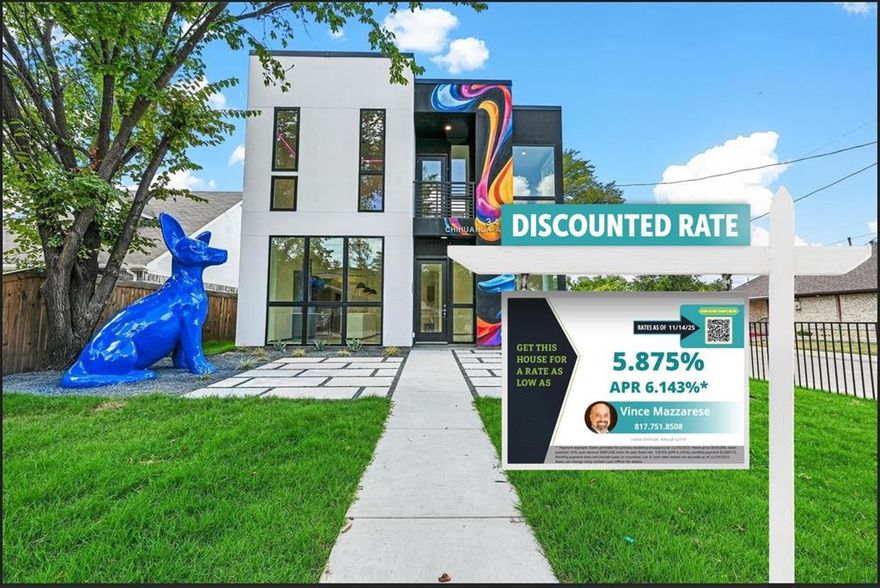 This house comes with a REDUCED RATE as low as 5.875% (APR 6.143%) as of 11.14.2025 through List & Lock™. This is a seller-paid rate buydown that reduces the buyer’s interest rate and monthly payment. Terms apply, see disclosures for more information.

This iconic Chihuahua House in the BOOMING Trinity Groves neighborhood sits proudly on the corner of Kraft St and Chihuahua Ave, where a giant blue Chihuahua statue stands guard over a white picket–fenced, xeriscaped front yard and patio. Designed in an art-minimalist modern style, it features a rear driveway, 10 ft floor-to-ceiling aluminum windows, continuous insulation for improved comfort, and bathrooms washed in natural light through translucent dichroic film. Original Chihuahua-themed accent tile in the kitchen and baths, a 24-ft artist-designed Groves graffiti mural, and a small surprise gift sculpture make this home truly one-of-a-kind and Instagram-ready.
