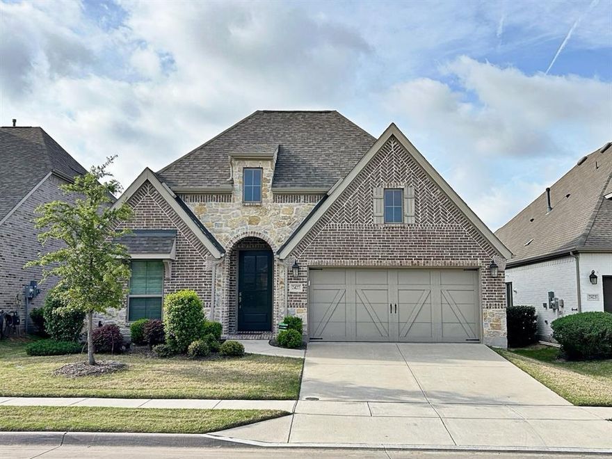 Must see!  Single story Perry home in desirable Mustang Lakes community. Prosper ISD.  You are greeted by a spacious entry & 12 foot ceilings. Extended foyer leads to an open floor plan with a gourmet kitchen, large island, gas cooktop and farm sink.  Chef's Kitchen has a large serving-coffee bar with additional storage that opens to the dining area & spacious family room with a cozy fireplace.  The private study has french doors that make working from home a breeze.  The owners suite includes double door entry to the primary bath with separate vanities, soaking tub & dual closets.  No sharing required!  One guest suite with a private bath & 2 addl't split bedrooms share a bath.  Covered patio & mud room off the 2 car garage.  Mustang Lakes is a master-planned community with the largest amenity center in North Texas.  Resort-style swimming pool with cabanas, indoor & outdoor entertaining spaces, state-of-the-art fitness center, amphitheater with seven lakes, a sprawling, 20-acre park with a private lake & island, fishing deck and bridges, nearly 10 miles of trails