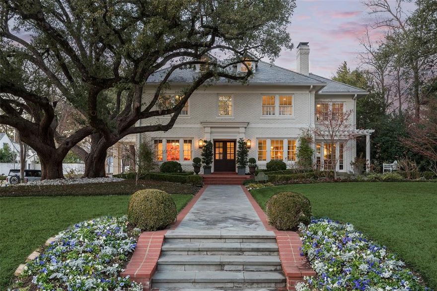 This classic Highland Park home has been meticulously restored, with architecture by Bodron Fruit, and construction by English Heritage Homes of Texas. The design of the house offers both comfort and sophistication, and the over-sized corner lot is perfect for outdoor living. The inviting entry is flanked by formal living and dining areas with original leaded glass windows that exude charm. The expansive living area leads into a cozy wet bar that opens to the back yard. The large open kitchen features gourmet stainless-steel appliances, a generous island, and a well-equipped butler’s pantry that leads into a spacious mudroom off the convenient porte cochere on the west side of the house. Adjacent to the kitchen is an inviting breakfast room with windows overlooking the back yard, and the expansive family room, with fireplace and French doors opening to the large, covered porch. Upstairs, the primary suite offers serene views of the pool and yard, a luxurious marble bathroom with heated floors, separate walk-in closets, and a private loggia. Three additional spacious bedrooms and a bonus room are also located upstairs, along with ample storage options. The large third-floor game room provides versatile space for entertainment or can serve as a fifth bedroom. The garage includes a pool bath and a lovely guest quarters, equipped with a full bath and kitchen, that provides additional entertaining space off of the lushly landscaped back yard and pool.  Situated on a coveted corner in Highland Park, this home offers convenient access to local shopping and dining, schools and other neighborhood amenities.