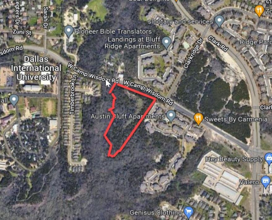 Undeveloped land located just west of Clark Rd on Camp Wisdom Rd.  This property resides in the Dallas South zone map as S-9 in PD 521.  As defined the maximum zoning density for multi-family is 24 units per acre with no minimum lot size.  Buyer is responsible to verify all details of zoning.
