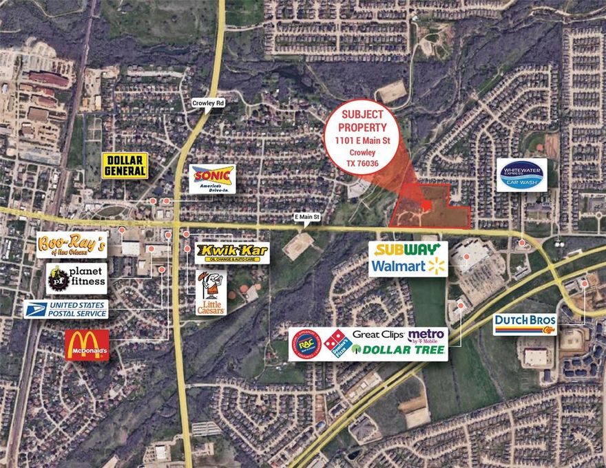Prime Commercial Redevelopment Opportunity - 12.75 Acres on East Main Street
Unlock the potential of this exceptional 12.75-acre property, perfectly positioned for commercial redevelopment, mixed use, office, etc in the heart of Crowley. Located just moments from major national retailers like Walmart, McDonald’s, Planet Fitness, Sonic, and more, this site offers unmatched visibility and accessibility. Adjacent to the popular Bicentennial Park, it sits at the epicenter of local growth and community activity. Don’t miss this rare chance to secure your footprint in one of the region’s fastest-growing commercial corridors.