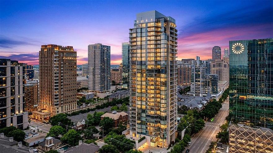 Nestled in the vibrant Harwood District, The Azure offers a premier high-rise living experience in the heart of Downtown Dallas. This residence boasts a prime location surrounded by top-tier dining, curated retail, and lively nightlife, making it perfect for those seeking a seamless urban lifestyle. The interior is marked by expansive floor-to-ceiling windows that showcase breathtaking skyline views and the resort-style pool below, offering a dramatic cityscape from almost every angle. The modern design features clean architectural lines, wood floors and a chef's dream kitchen equipped with high-end Miele and Sub-Zero appliances. This open concept design seamlessly blends the kitchen, dining, and living areas, creating a versatile space that is optimal for entertaining guests and hosting gatherings. The primary suite is a sanctuary with a spa-like bath adorned in marble for a sophisticated finish. From the primary bedroom, step out onto one of two spacious terraces, providing an ideal setting for sipping evening cocktails or savoring a morning coffee. This balcony boasts a cozy gas fireplace and provides a view of the glistening pool, creating a tranquil atmosphere perfect for relaxing while taking in the city's sparkling lights. The guest suite ensures privacy and comfort with its own full size bath. A a private two car garage plus a separate storage area adds a rare touch of convenience & luxury in a high-rise. Residents enjoy top-notch, full-service amenities, including a 24-hour concierge, fitness center, sauna, library, charging station, car wash as well as a theater room, making The Azure an appealing choice for a primary or secondary home. Valet service available for residents and guests. Enjoy the urban lifestyle with close proximity & walkability to the American Airlines Center for Mavericks game, Dallas Stars hockey & concerts. Combining design, location, and upscale service, this home exemplifies refined Dallas living for the most discerning residents.