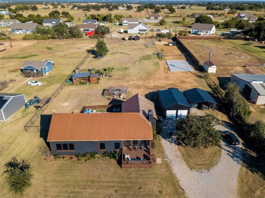 WELCOME to your beautiful MODERN FARMHOUSE on 2.28 ACRES in the peaceful & quiet COUNTRYSIDE of Boyd, Texas! Over $90,000 in IMPROVEMENTS include: 2 CAR OVER-SIZED GARAGE & STORAGE w attached 2 CAR CARPORT, EV Level 2 CHARGE PORT, POOL w Cover, GAZEBO Seating Area w FIREPIT, GREENHOUSE w Electricity & Solar Panels, Chicken House, Goat Corral & Shed, Cow Corral & Shed, STORAGE SHED, completely enclosed Metal & Wood FENCING & a New 30’ x 50’ Concrete Pad for future expansion of another Outbuilding. This amazing 3 BEDROOM, 2 FULL BATH home is 2,142 Square Feet and features an OFFICE w FRENCH DOORS that could be used as a 4th BEDROOM. CHARMING INTERIOR includes updated OPEN CONCEPT DESIGN w spacious KITCHEN & HUGE ISLAND & BAR w Tons of Storage & Seating, GRANITE COUNTERS, Wood Floating Shelves, STAINLESS STEEL APPLIANCES including Refrigerator, & DINING ROOM w Wainscoting. Gather around the FIREPLACE in the cozy Living or Family Room w 1916 RECLAIMED WOOD accent wall. UTILTY ROOM attached Add-On w LOTS OF STORAGE CABINETS w access to Back Porch, Pool & Backyard. Home boasts MODERN COLOR SCHEME w GRAY & WHITE Neutrals inside &  BLACK and COPPER METAL ROOF outside. Enjoy the SPACIOUS graded GRASSY FIELDS from front to back! POND in front is currently dry due to local drought. ADDITIONAL PARKING in the CIRCLE DRIVE & long DRIVEWAY up to the house. GREAT PRIVATE LOCATION only 30 minutes to Eagle Mountain Lake & Fort Worth and nearby access to 114 & I-35. Don’t wait on this ONE-OF-A-KIND unique Property!!