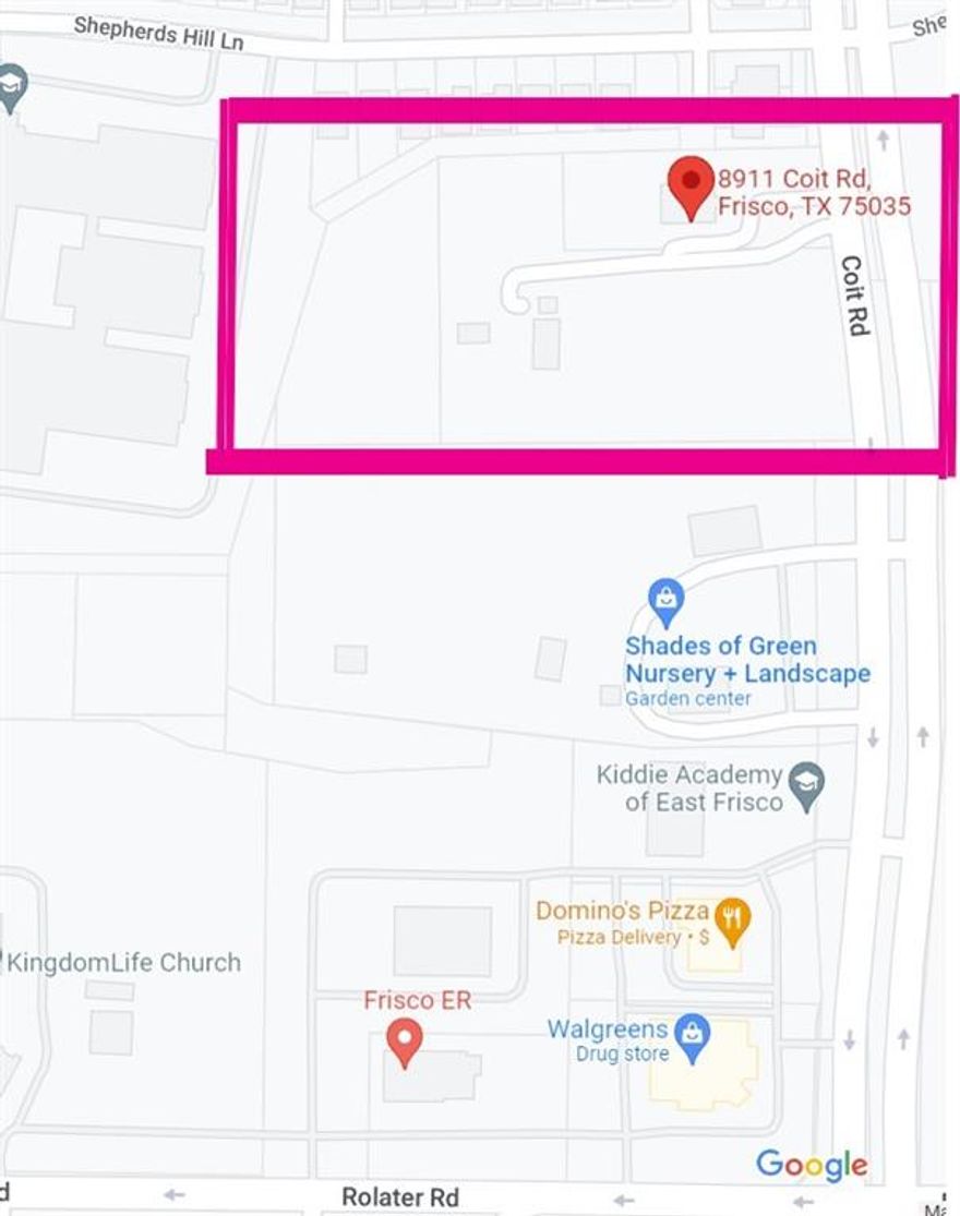 MUST SEE!  PRIME LOCATION! Tremendous Commercial Investment!  The property is identified with the address of 8911 Coit Road in Frisco, TX-an one acre tract that was carved out for a Vet Clinic from the original tract which is NOT included in this transaction.  The remaining 5 plus acres and the farm house that is zoned residential with an AG exemption.  This 5+Acre property is nestled between two prime commercial properties.   See survey for Tract 1 Lot 2 and Tract 2 available for sale.  (NOTE:  8911 Coit Road in Frisco, TEXAS is an existing Veterinary Clinic that is NOT included in this transaction.)