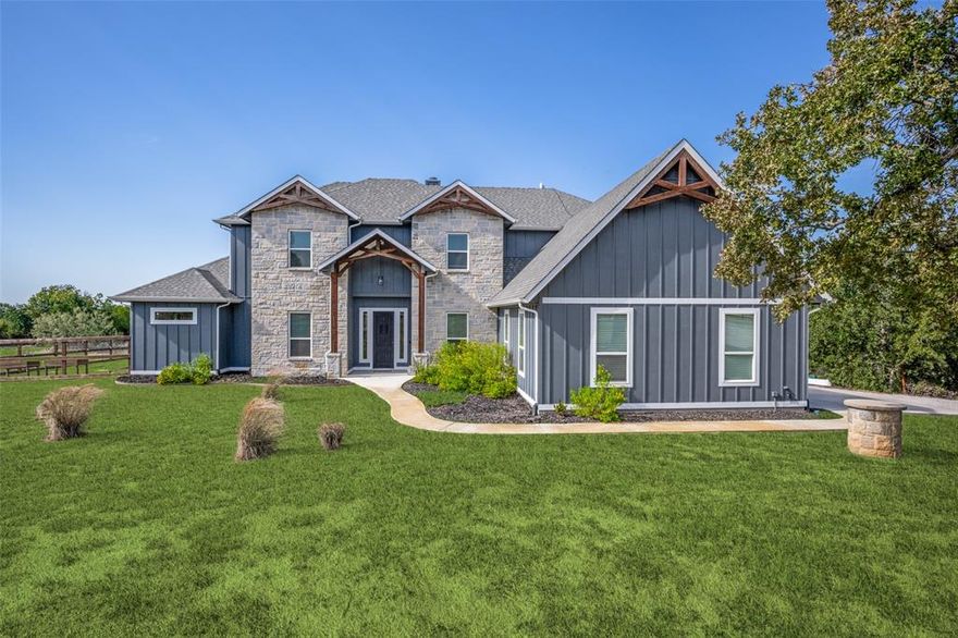 Welcome to this 2 acre lot in Grassland Estates, 6 bedroom estate in Decatur ISD. Light, airy, and impeccably crafted, this 2019 built Craftsman style home blends farmhouse warmth with modern sophistication. close to the city, yet serenely private with fresh air and open skies. This home showcases a custom pool built in 2023 with high end finishing for that resort style feel! From the foyer, abundant natural light highlights a cozy, versatile space with built in shelving and a stone fireplace, ideal as a library or dining room. The main level includes a two bedrooms with a walk in closet and a private primary suite with a luxurious bath and walk out to the pool. The expansive family room flows into the kitchen, which features a large island, farmhouse sink, floating shelves, a generous pantry, and double ovens. A convenient pet shower in the utility room adds practicality. The first floor is equipped with a full bathroom with a door to the back patio and pool. Upstairs there are three additional bedrooms with walk in closets and a full bath. This home is equipped with a large media room perfect for relaxing or entertaining guests. There is roughly a 300 sq ft surprise room (not included in the stated square footage) awaits customization that's ready for a gym, playroom, studio, or extra living space. Outdoor living is abundant with a fenced backyard, oversized covered porch, and a firepit, all in an energy-efficient design with numerous updates throughout. Come check out this country estate with amazing views and great neighborhood!