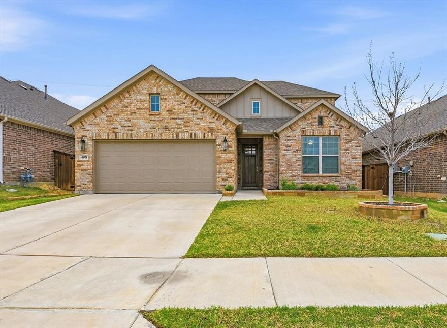 Located in highly sought-after Northwest ISD, this light and bright 4-bedroom home with a dedicated office offers both style and functionality. Situated on a quiet cul-de-sac and backing to serene green space, the home provides added privacy and a peaceful setting—all within walking distance to Berkshire Elementary School and Club House. Step inside to soaring 11-foot ceilings, wood-look tile flooring, and an open, inviting layout. The living area features built-in shelving and an electric fireplace, creating a warm and stylish focal point. The kitchen is a true centerpiece, featuring shaker-style cabinets, quartz countertops, stainless steel appliances, a gas stove, and ample prep space—ideal for both everyday living and entertaining. The spacious primary suite is a relaxing retreat, complete with bay windows, a large walk-in closet, and an en suite bath with a generously sized shower and linen closet. The office, complete with French doors and built-in shelves, offers the perfect work-from-home setup. Downstairs also includes two additional bedrooms, along with both a full bath and a convenient half bath. Upstairs, you’ll find an additional living area, a bedroom with its own en suite bath, and a half bath—perfect for guests or multi-generational living. Located in an amenity-rich community, this home truly has it all—space, style, and a prime location.