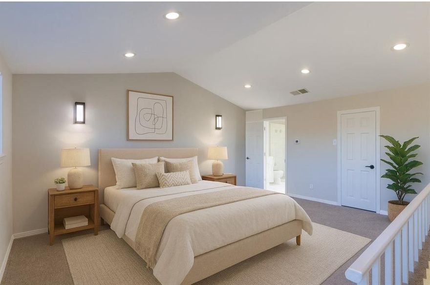 Great Location! Beautiful spacious total upgraded ready to move in 2-story condo nestled in the heart of North Dallas.  New paint, New flooring, Spacious Living Area with Corner FP & French Doors to Private Balcony. New quartz counter top in kitchen, new lighting throughout, new energy efficiency windows and back doors. Huge Master with Vaulted Ceiling and private entrance, Enormous Walk-in Closet, new paint, new designer carpet. updated bathrooms. Nice and quiet community.  One covered car parking space right under the unit, trash, water, sewer, community pool and hot tub all included!  Washer, dryer, and new SS refrigerator included! all cabinets have hardware. Located close to Galleria, new developing shopping center, near Addison's entertainment district and with quick access to 635 and Dallas North Tollway. Buyer and buyer's agent to verify all information provided.