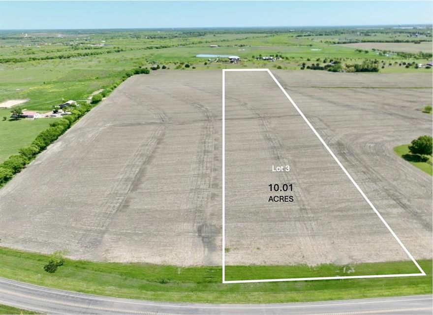 An excellent site for your home and ranching needs, this clean land is ready for you to create your own country experience.  This is LOT 3, a 10.1± acre property on Farm to Market 1722, County Club Rd, outside of the growing community of Ennis, TX.  Water and electricity service is available at the road.  No floodplain and no known pipeline easements exist on-site. Additional adjoining lot available.