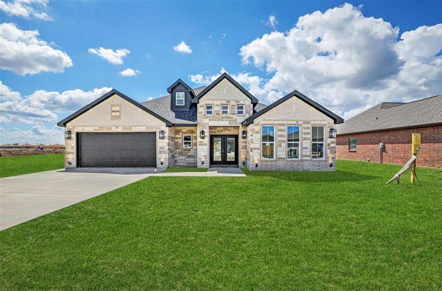 Beautiful 4 bedroom 3 full baths 2022 Custom Home sitting on almost half Acre! Features 1 master suite with custom ceiling design, jetted tub, with a walkin shower and closet. Also features an additional master bedroom with beautiful bathroom on the opposite side of the house. Porcelain floors through out the entire home including the garage, 9 foot ceilings and a driveway that can fit multiple cars. Open kitchen lay out with granite countertops, lots of cabinetry for storage and island overlooking the living area with coffered ceilings. Bathrooms and kitchen features a luxurious backsplash! Beautiful exterior lights and wonderful sunset views!