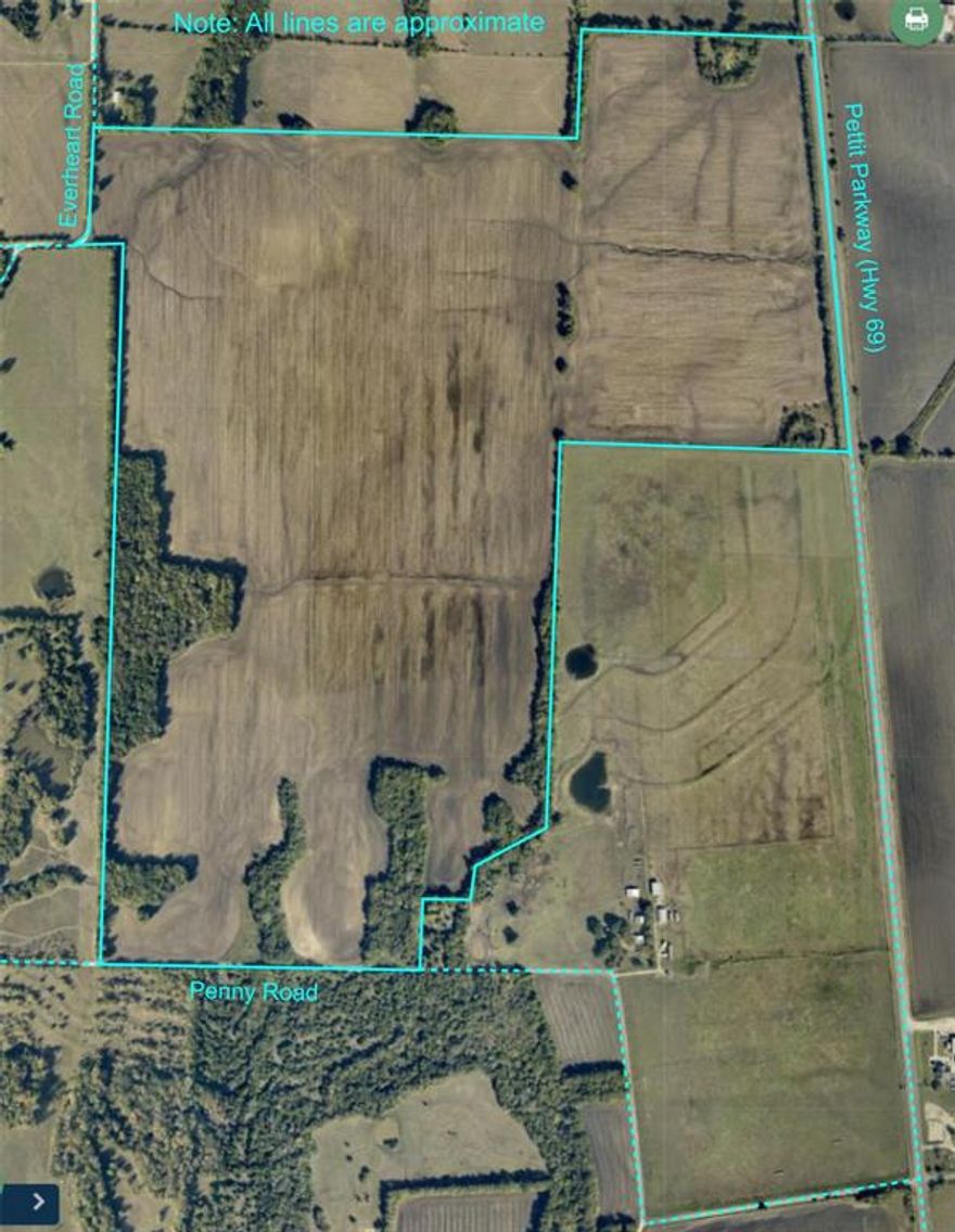 This is a very large amount of continuous flat acreage.  It has appx. 2000 feet along Pettit Parkway (Hwy 69), 1800 ft along Penny Road, and 570 feet along Everheart Road.  It may be developed as one large tract or subdivided into smaller tracts.