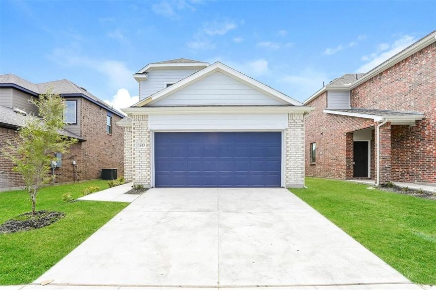 The Queensland is a stylish two-story home with 4 bedrooms, 2.5 bathrooms, and an upstairs flex room—perfect for a second living space or playroom. The downstairs primary suite features a private bath with double vanity and a spacious walk-in closet. Upstairs, all secondary bedrooms include individual closets for ample storage. Other highlights include a modern kitchen that opens to the family room and breakfast area, a two-car garage, and a fully fenced backyard. Wood-style flooring throughout adds a touch of warmth and elegance. All homes are SimplyMaintained for a $100 monthly fee that includes front and back yard lawn care and exterior pest control. Christian Meadows is a quiet, family-friendly neighborhood in Ennis, TX, with easy access to Highway 287 for convenient commuting. The community is part of the Ennis Independent School District, offering excellent schools nearby. Residents enjoy local shopping and dining, with Bluebonnet Park just a short drive away, perfect for outdoor activities and relaxation. Christian Meadows offers a peaceful suburban lifestyle with convenient access to local attractions and amenities.