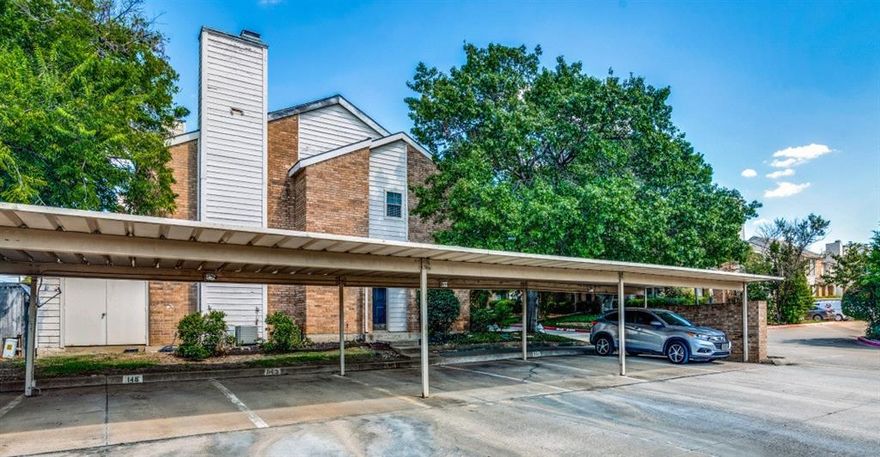 Step into this beautifully updated, move-in ready condo featuring 2 bedrooms and 2.5 baths, thoughtfully designed with an inviting and functional layout. Tucked away on a quiet corner surrounded by mature trees, the home offers a sense of privacy and peaceful surroundings. Enjoy the convenience of covered parking just steps from the front entrance. Inside, the recently renovated kitchen stands out with stylish tile backsplash and modern hardware, while the upstairs bathrooms have been refreshed with sleek tile flooring. Each bedroom includes its own en suite bathroom and generous walk-in closet, providing comfort and flexibility. The primary suite is enhanced by vaulted ceilings, adding an airy, open feel. The spacious living area opens to a charming, tree-shaded stone patio and is anchored by a striking wood-burning fireplace—perfect for relaxing or entertaining. A beautifully updated powder bath is located downstairs for guests. Ideally located near dining, shopping, and entertainment, this home combines comfort, style, and convenience in one exceptional package.