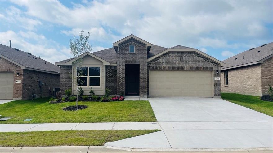 Beautiful new D.R. Horton home in the Sunnycreek community located in Fort Worth and Crowley ISD! The single-story Kingston Floorplan, Elevation C, with a quick estimated Winter completion, offers 4 bedrooms, 2 bathrooms, and a 2-car garage, thoughtfully designed to balance open-concept living with comfortable private spaces. The heart of the home features a seamless flow between the family room, dining area, and contemporary kitchen, creating a warm and inviting environment ideal for everyday living and entertaining. The kitchen is well-appointed with quartz countertops, 36” painted cabinets, stainless steel appliances, a electric range, stainless steel sink, center island, and a walk-in pantry for added functionality. The private primary suite includes an en-suite bath with dual quartz vanities, a 5-foot oversized shower, and a walk-in closet conveniently located off the bathroom. Three secondary bedrooms and a full bathroom with a quartz vanity top provide flexible space for family, guests, or a home office. Luxury vinyl plank flooring enhances the main living areas and wet zones for durability and easy maintenance. Built with energy-efficient construction and equipped with America’s Smart Home Technology. Exterior highlights include a landscape package, full sprinkler system with rain sensor, privacy fencing, and more. Residents of Sunnycreek enjoy mobility-friendly trails and two dog parks, all conveniently located minutes from I-35, Chisholm Trail Parkway, Chisholm Trail Park, and nearby shopping and dining.